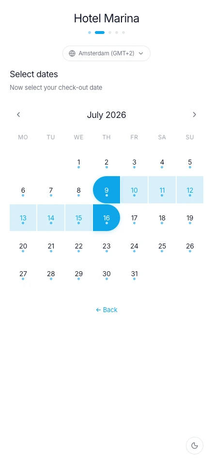 VoxelBooking mobile - Hotel date selector with check-in and check-out calendar.