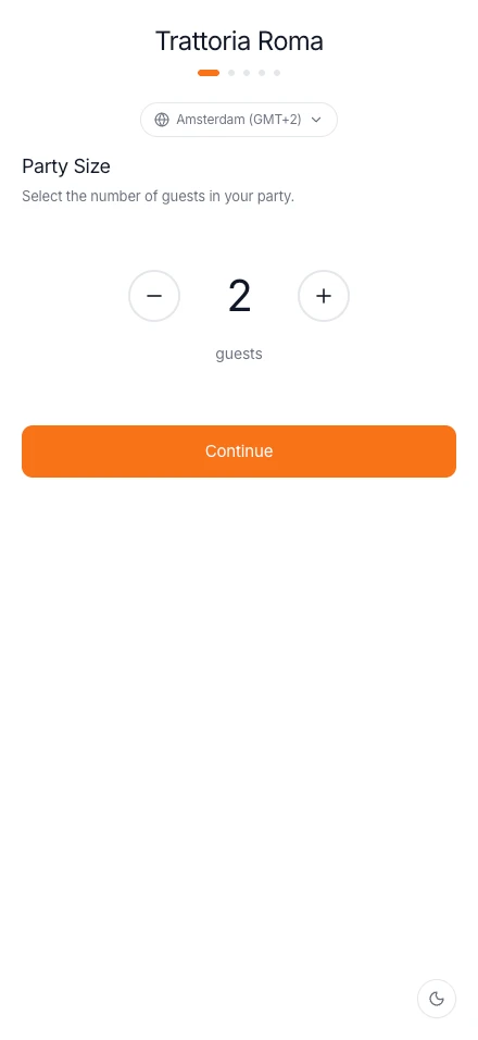 VoxelBooking mobile - Restaurant reservation with party size selector.