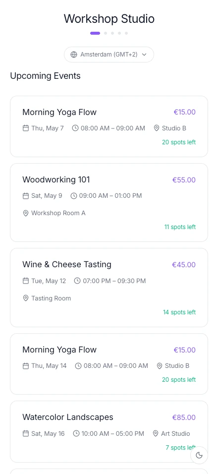 VoxelBooking mobile - Workshop event listing with spots remaining and pricing.